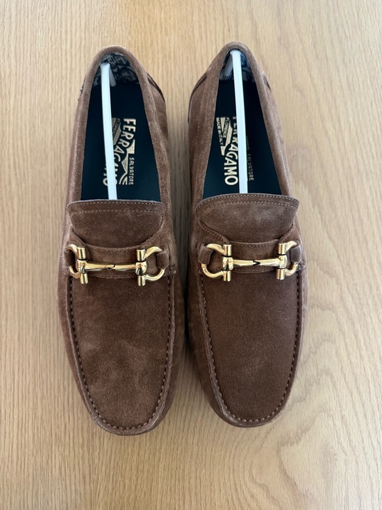 Salvatore Ferragamo Brown Suede Loafers with Gold Horsebit main image 4